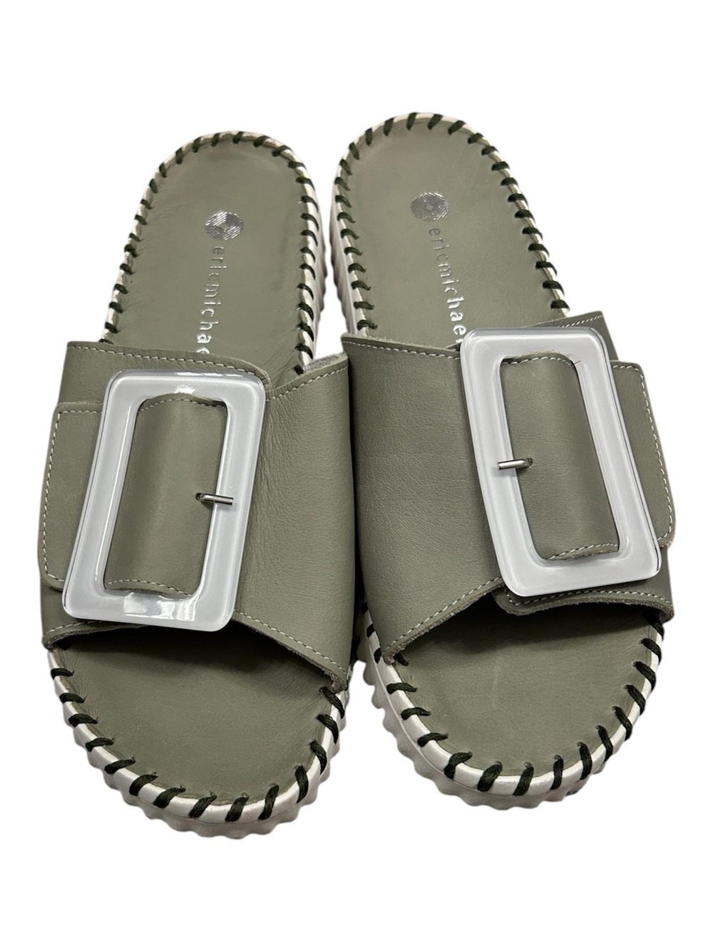 ERIC MICHAEL leather slide sandals with Lucite buckle detail Size 38